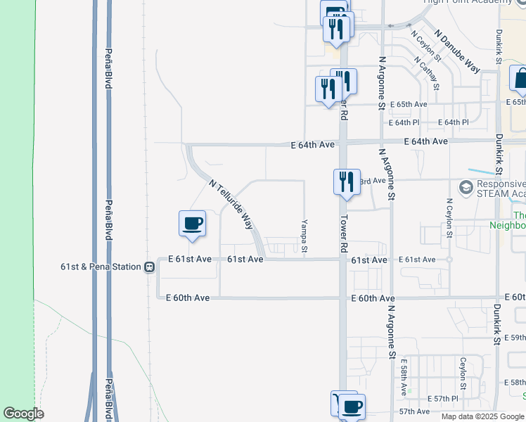 map of restaurants, bars, coffee shops, grocery stores, and more near 6208 North Telluride Way in Denver