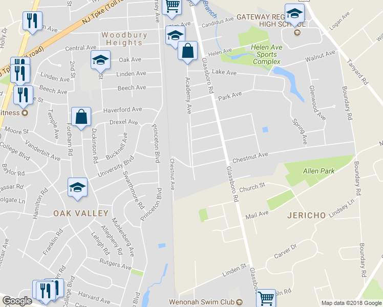 map of restaurants, bars, coffee shops, grocery stores, and more near 534 Academy Avenue in Woodbury Heights