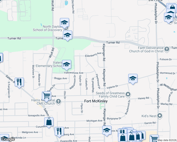 map of restaurants, bars, coffee shops, grocery stores, and more near 3649 Yellowstone Avenue in Dayton
