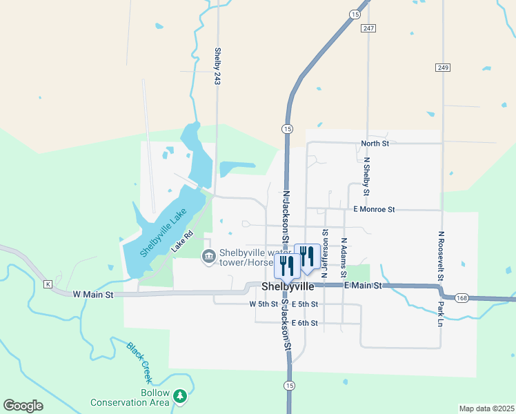 map of restaurants, bars, coffee shops, grocery stores, and more near 401 North Lafayette Street in Shelbyville