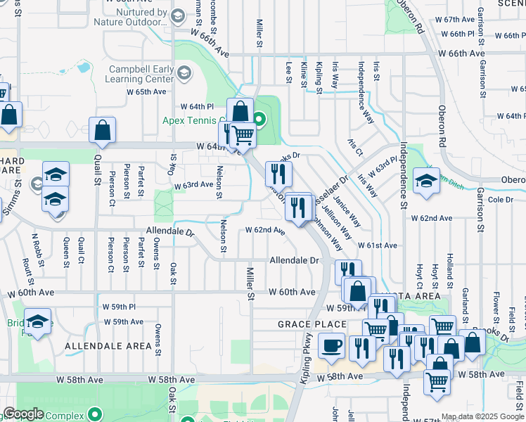map of restaurants, bars, coffee shops, grocery stores, and more near 10350 West 62nd Place in Arvada