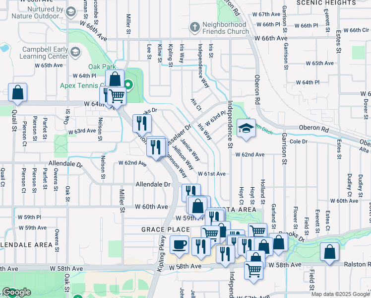 map of restaurants, bars, coffee shops, grocery stores, and more near 6187 Jellison Way in Arvada