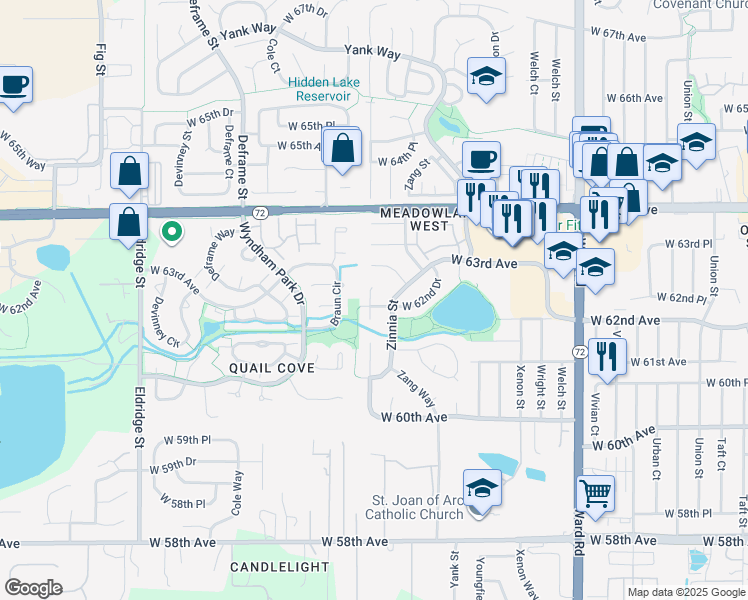 map of restaurants, bars, coffee shops, grocery stores, and more near 6233 Alkire Court in Arvada