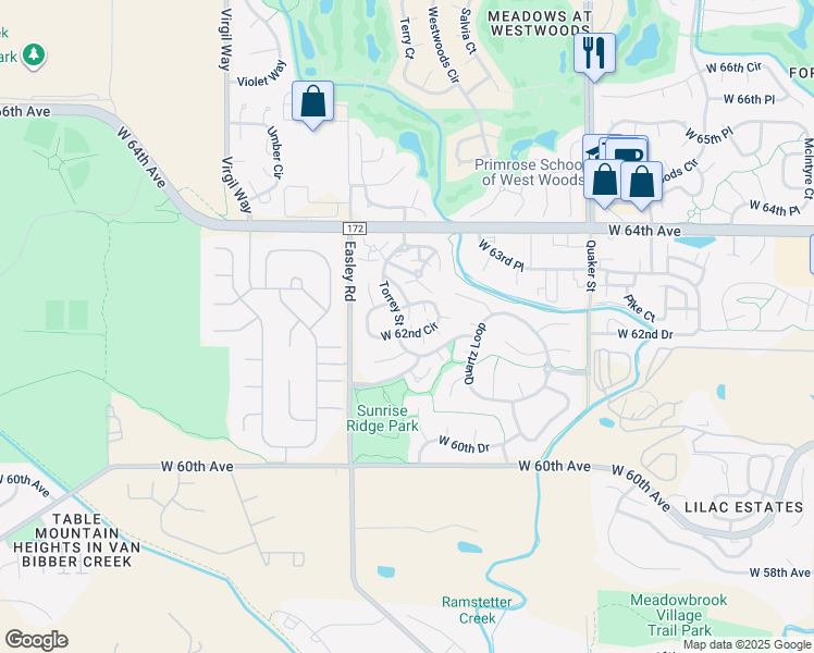 map of restaurants, bars, coffee shops, grocery stores, and more near 6227 Secrest Lane in Golden