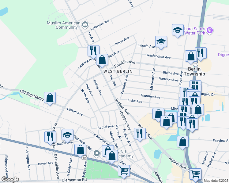 map of restaurants, bars, coffee shops, grocery stores, and more near 208 Grant Avenue in West Berlin