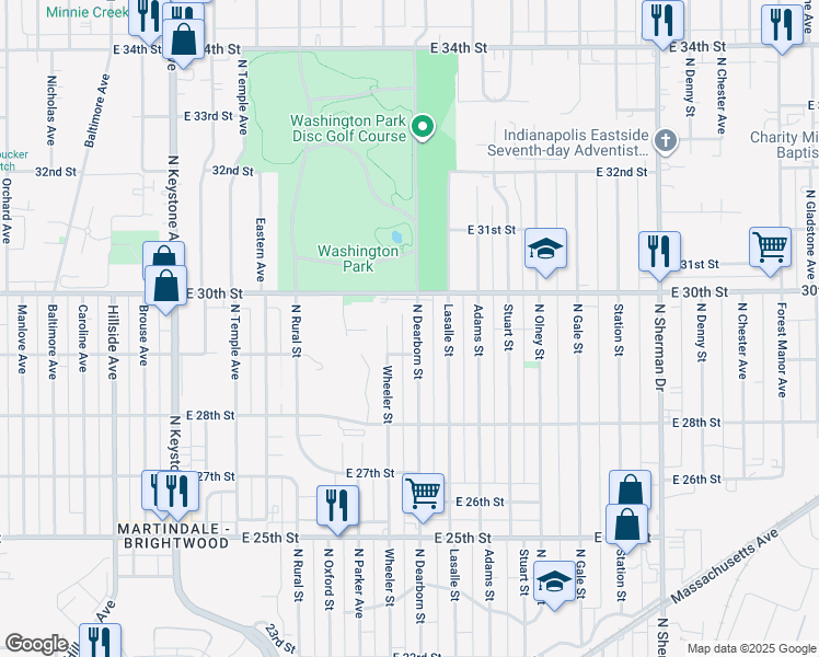 map of restaurants, bars, coffee shops, grocery stores, and more near 2943 North Dearborn Street in Indianapolis