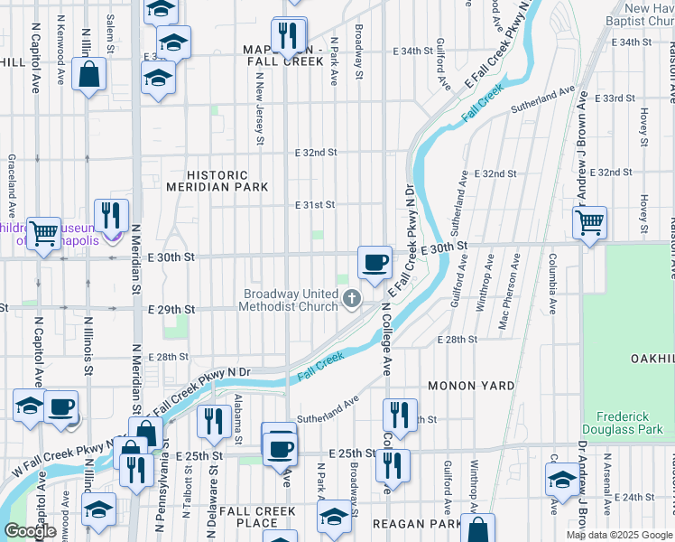 map of restaurants, bars, coffee shops, grocery stores, and more near 2952 Broadway Street in Indianapolis