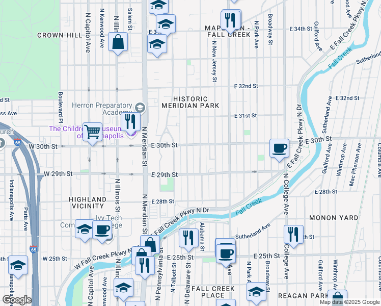 map of restaurants, bars, coffee shops, grocery stores, and more near 2958 North Washington Boulevard in Indianapolis
