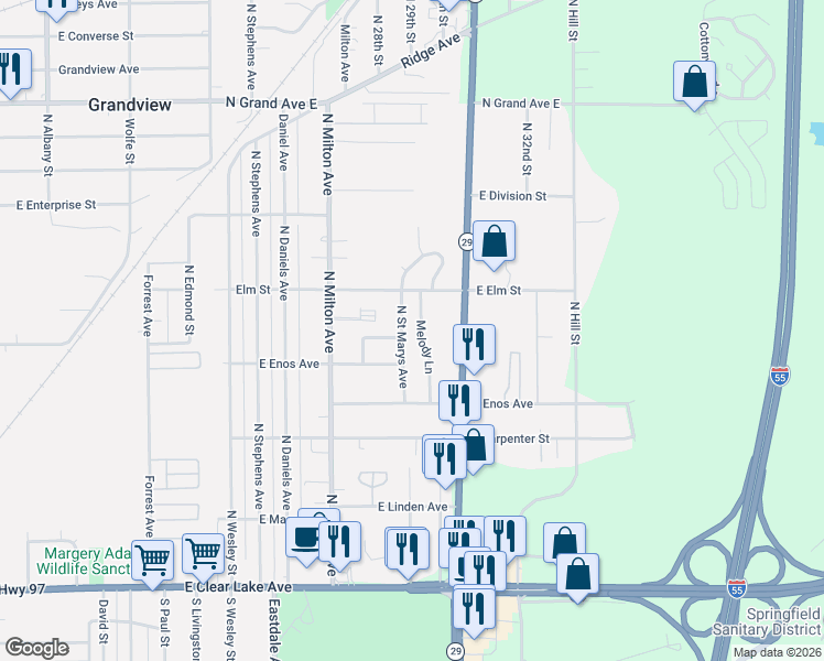 map of restaurants, bars, coffee shops, grocery stores, and more near 12 Melody Lane in Springfield