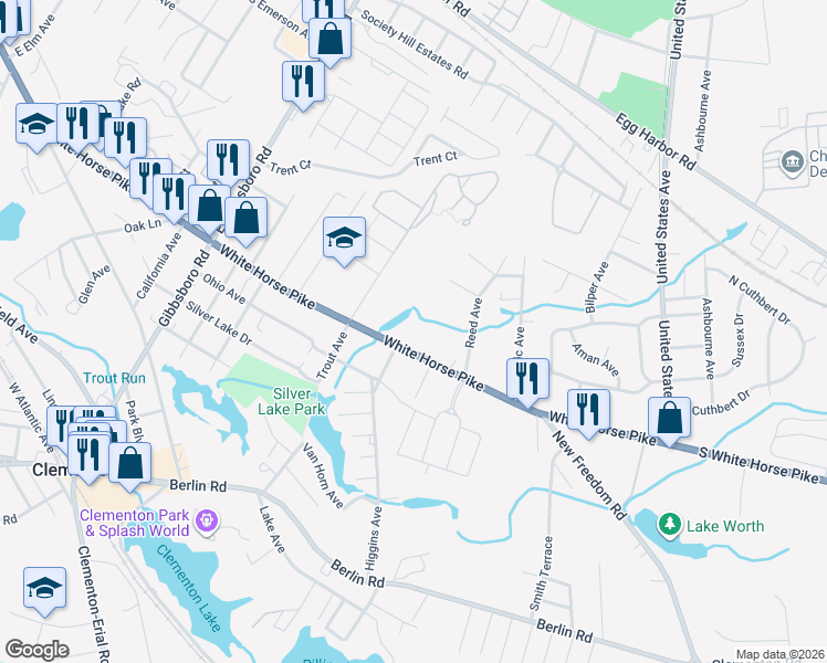 map of restaurants, bars, coffee shops, grocery stores, and more near 209 White Horse Pike in Clementon