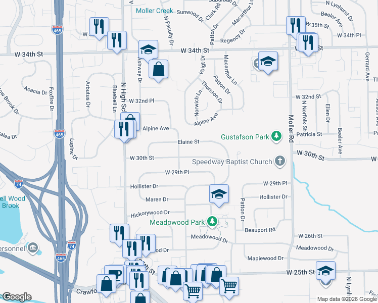 map of restaurants, bars, coffee shops, grocery stores, and more near 5939 Elaine Street in Speedway