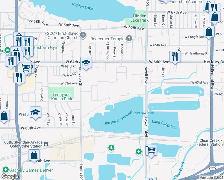 map of restaurants, bars, coffee shops, grocery stores, and more near 6232 Perry Street in Arvada
