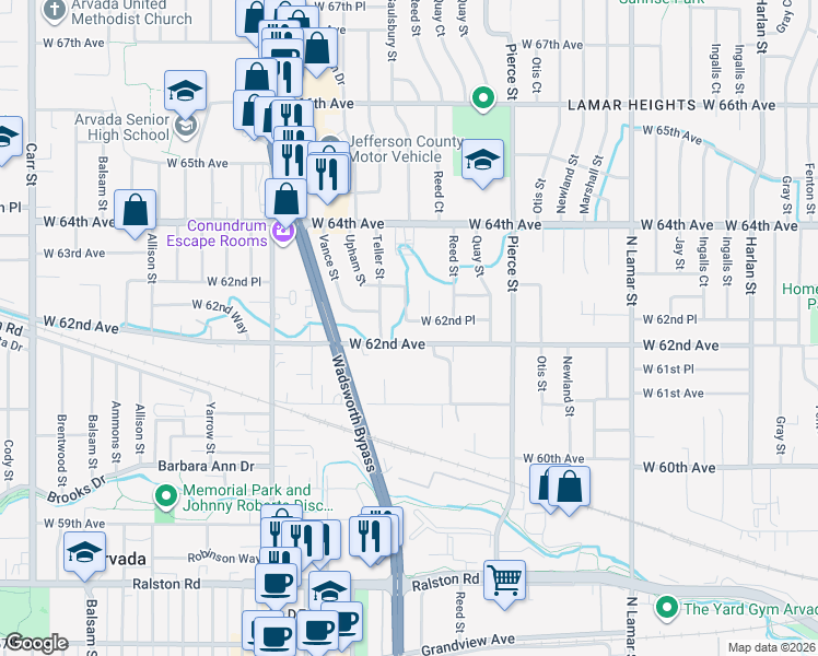 map of restaurants, bars, coffee shops, grocery stores, and more near 6235 Saulsbury Street in Arvada