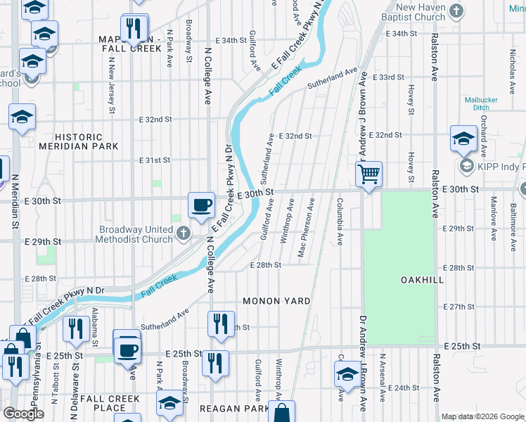 map of restaurants, bars, coffee shops, grocery stores, and more near 2932 Guilford Avenue in Indianapolis