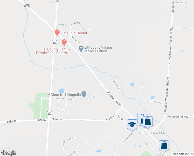 map of restaurants, bars, coffee shops, grocery stores, and more near 499 West Columbus Street in Lithopolis