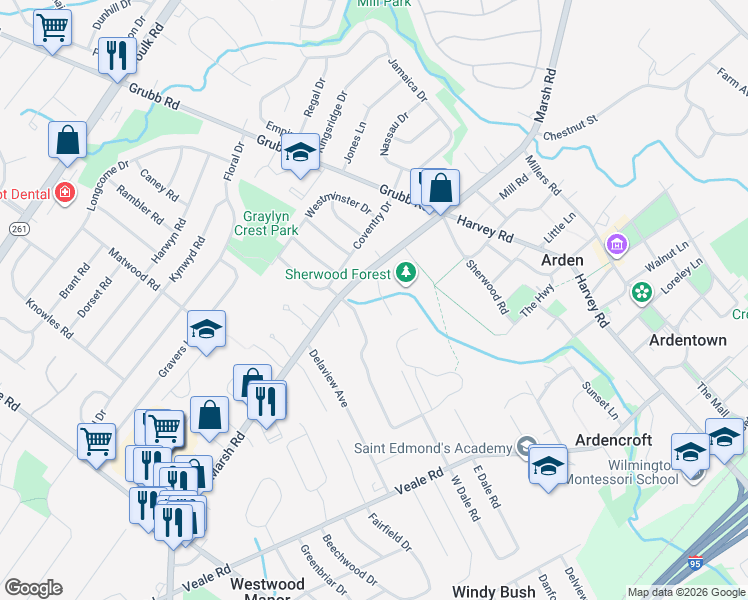 map of restaurants, bars, coffee shops, grocery stores, and more near 3 Durboraw Road in Wilmington