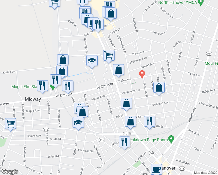 map of restaurants, bars, coffee shops, grocery stores, and more near 10 West Elm Avenue in Hanover