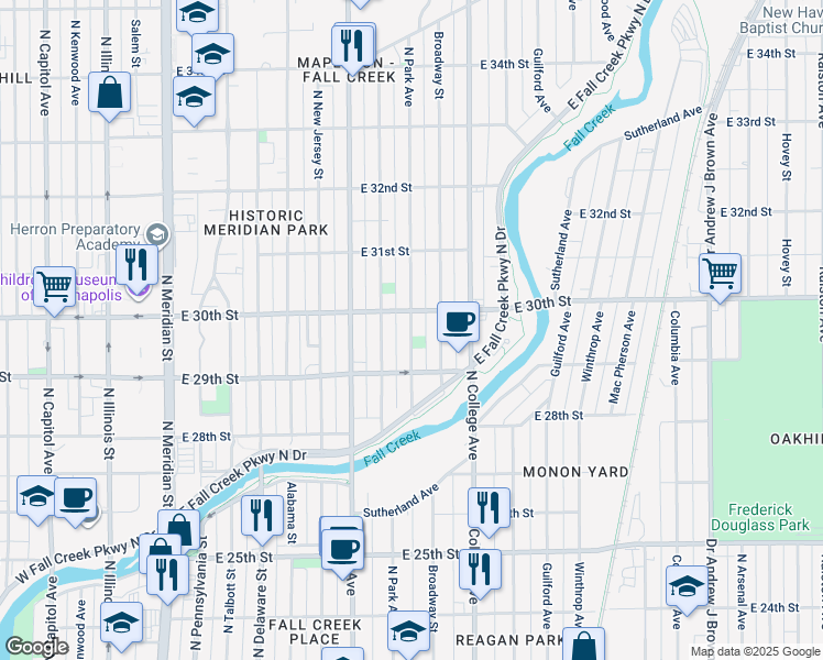 map of restaurants, bars, coffee shops, grocery stores, and more near 2952 Broadway Street in Indianapolis