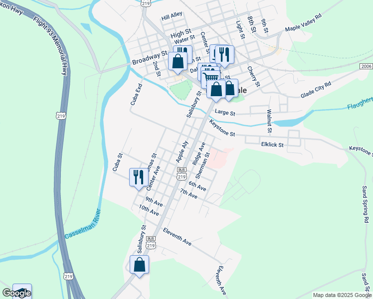 map of restaurants, bars, coffee shops, grocery stores, and more near 209 Beachley Street in Meyersdale