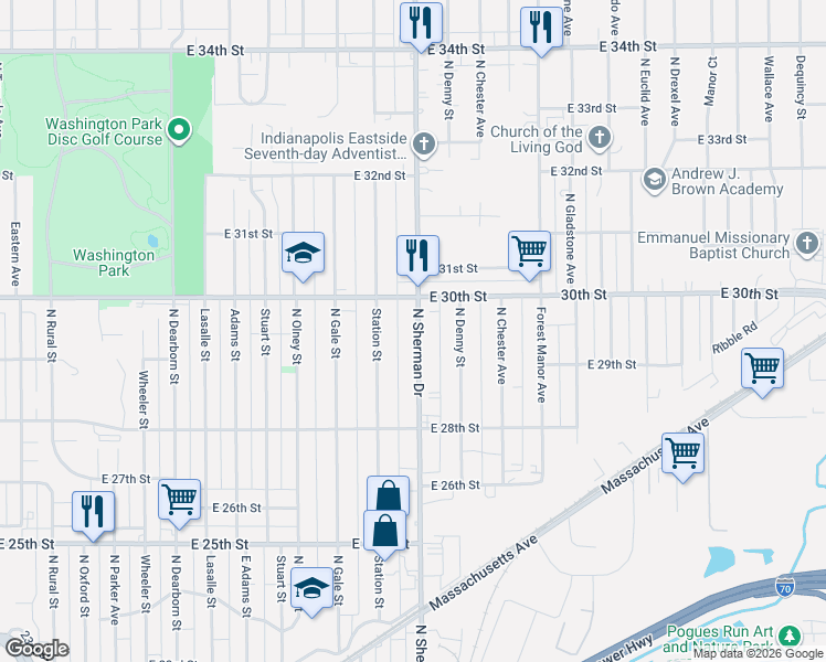 map of restaurants, bars, coffee shops, grocery stores, and more near 2934 North Sherman Drive in Indianapolis