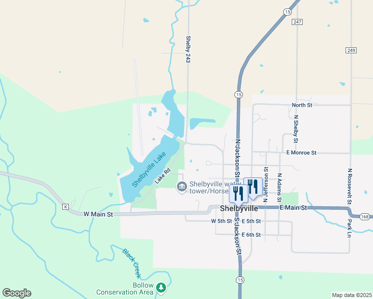 map of restaurants, bars, coffee shops, grocery stores, and more near 401-609 N Lafayette St in Shelbyville