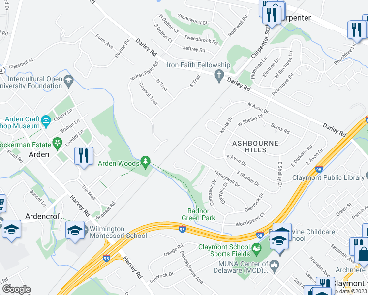 map of restaurants, bars, coffee shops, grocery stores, and more near 198 Honeywell Drive in Claymont