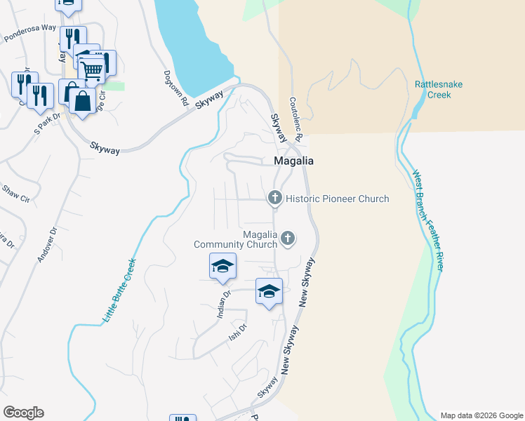 map of restaurants, bars, coffee shops, grocery stores, and more near Granada Drive in Magalia