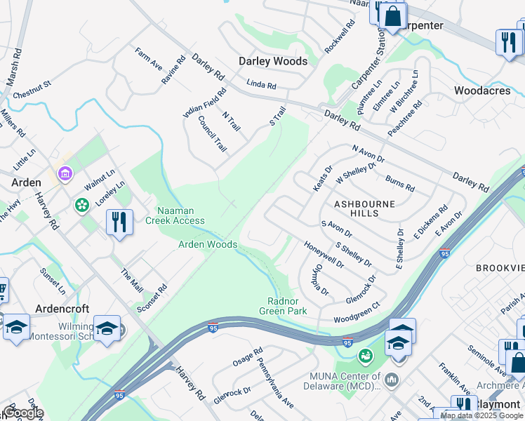 map of restaurants, bars, coffee shops, grocery stores, and more near 198 Honeywell Drive in Claymont