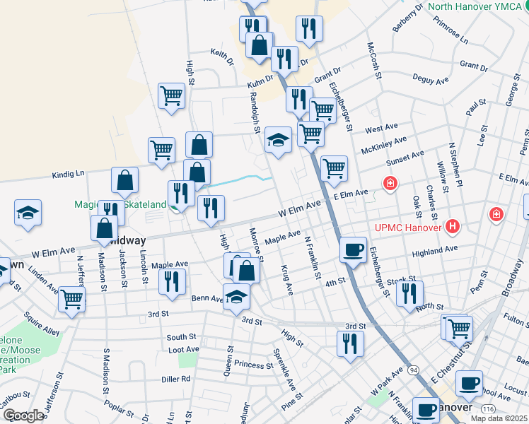 map of restaurants, bars, coffee shops, grocery stores, and more near 305 West Elm Avenue in Hanover