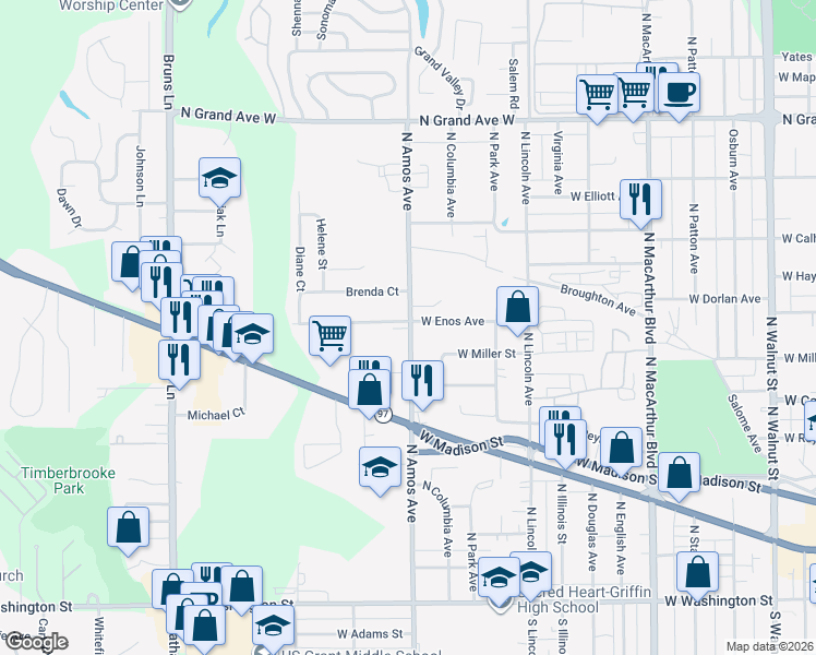 map of restaurants, bars, coffee shops, grocery stores, and more near 725 North Amos Avenue in Springfield