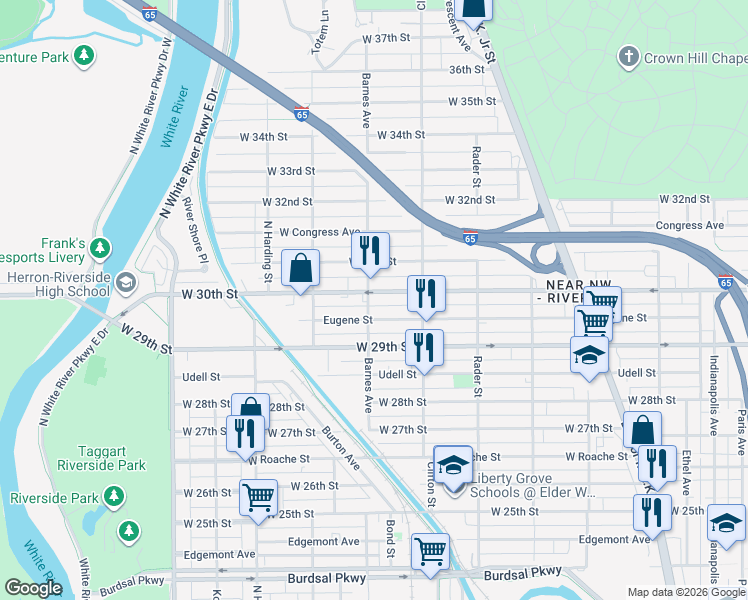 map of restaurants, bars, coffee shops, grocery stores, and more near 1165 West 30th Street in Indianapolis
