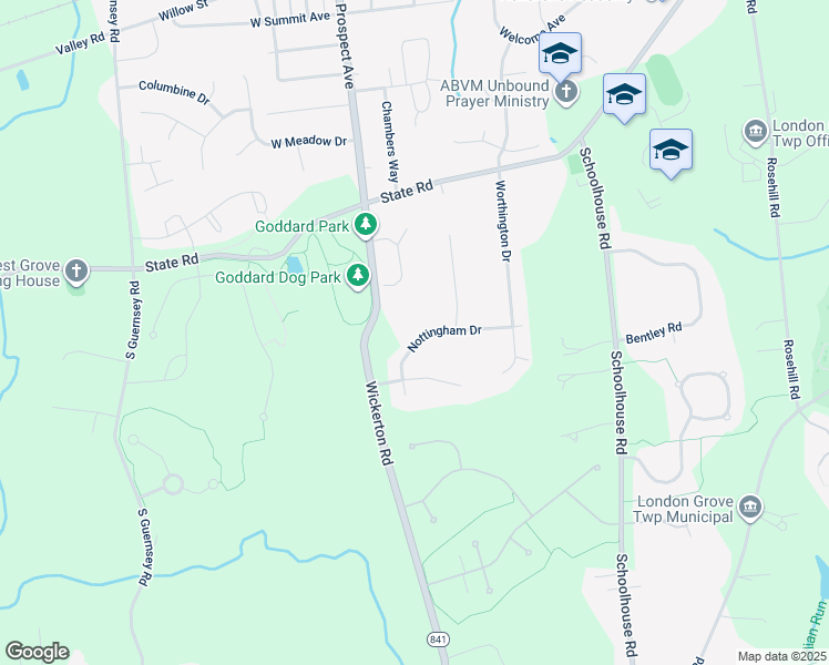 map of restaurants, bars, coffee shops, grocery stores, and more near 13 Nottingham Drive in West Grove