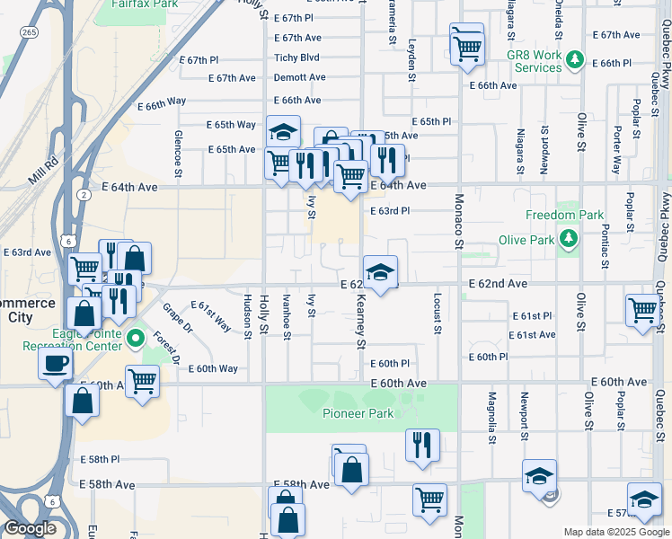 map of restaurants, bars, coffee shops, grocery stores, and more near 6275 Kearney Street in Commerce City