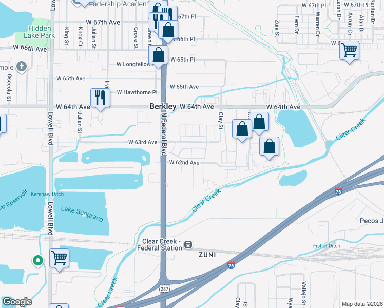 map of restaurants, bars, coffee shops, grocery stores, and more near 74 Decatur Place in Denver