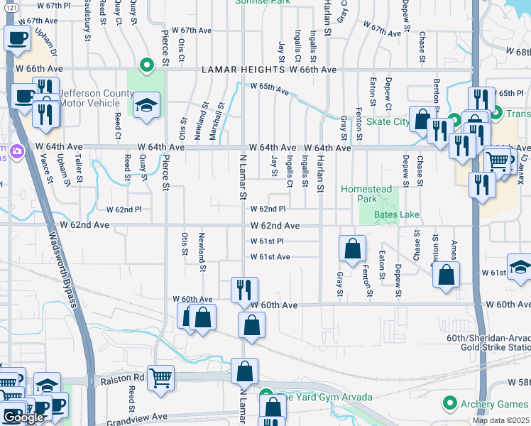 map of restaurants, bars, coffee shops, grocery stores, and more near 6213 West 62nd Place in Arvada