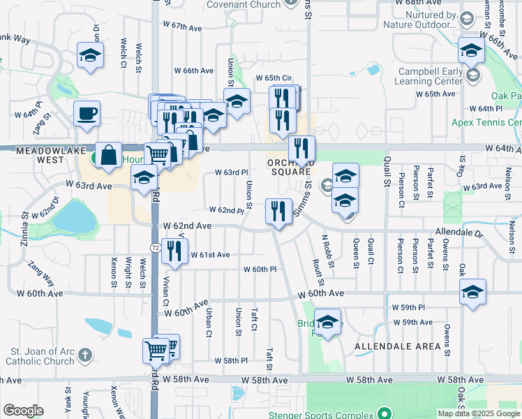 map of restaurants, bars, coffee shops, grocery stores, and more near 11978 West 62nd Place in Arvada