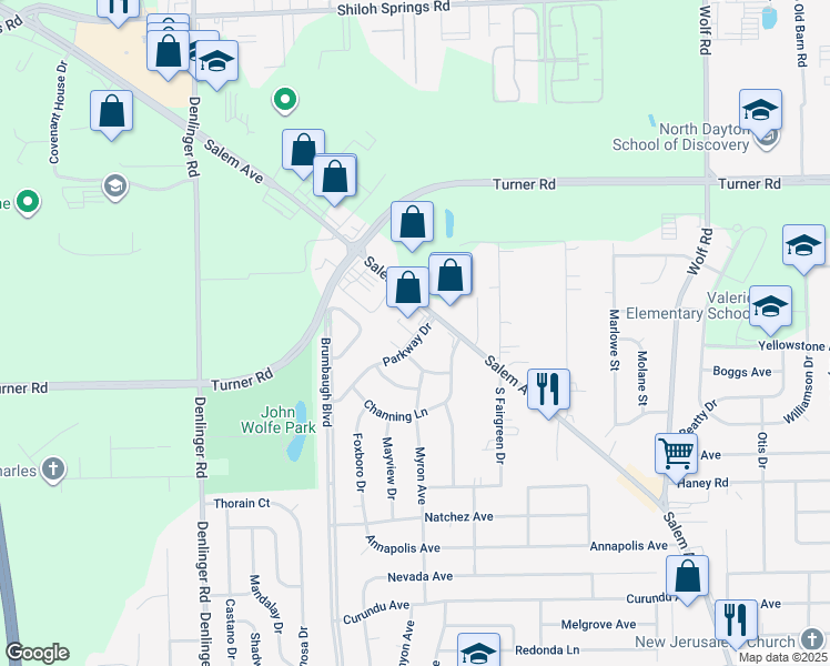 map of restaurants, bars, coffee shops, grocery stores, and more near 4385 Parkway Drive in Dayton