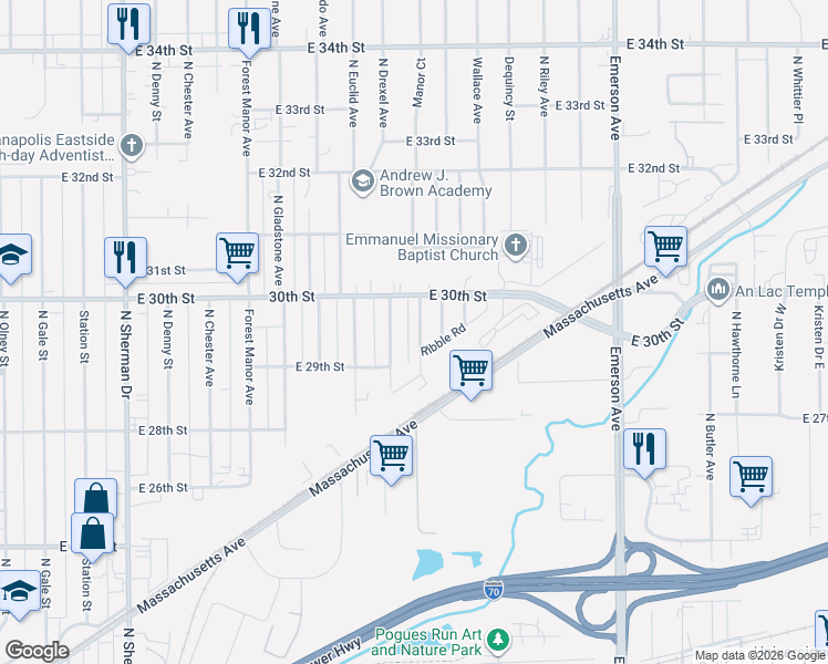 map of restaurants, bars, coffee shops, grocery stores, and more near 2943 Arthington Boulevard in Indianapolis