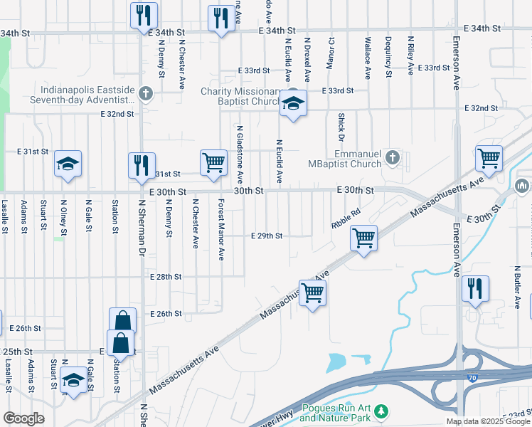 map of restaurants, bars, coffee shops, grocery stores, and more near 2952 North Colorado Avenue in Indianapolis