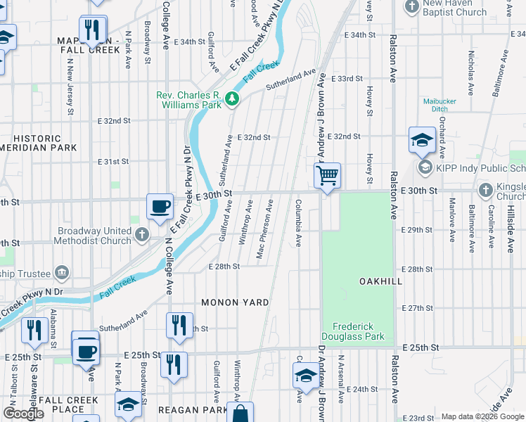 map of restaurants, bars, coffee shops, grocery stores, and more near 2942 Mac Pherson Avenue in Indianapolis