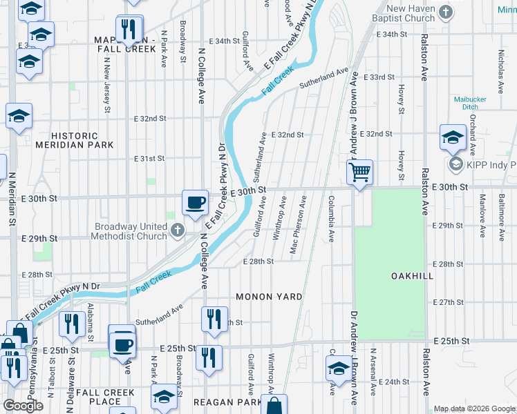 map of restaurants, bars, coffee shops, grocery stores, and more near 2932 Guilford Avenue in Indianapolis