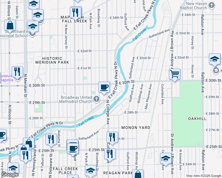 map of restaurants, bars, coffee shops, grocery stores, and more near 2950 North College Avenue in Indianapolis