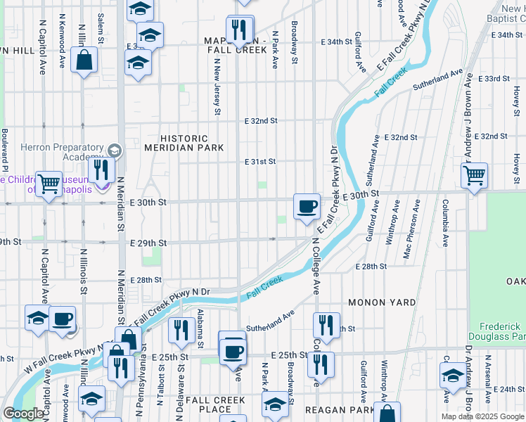 map of restaurants, bars, coffee shops, grocery stores, and more near 2953 Ruckle Street in Indianapolis