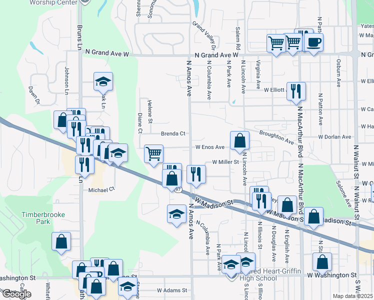 map of restaurants, bars, coffee shops, grocery stores, and more near 705 North Amos Avenue in Springfield