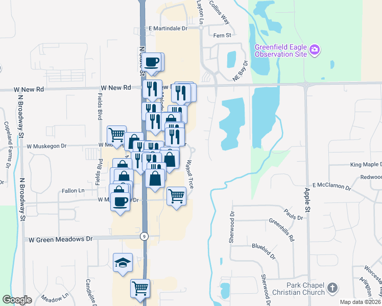 map of restaurants, bars, coffee shops, grocery stores, and more near 1753 North Walnut Trce in Greenfield
