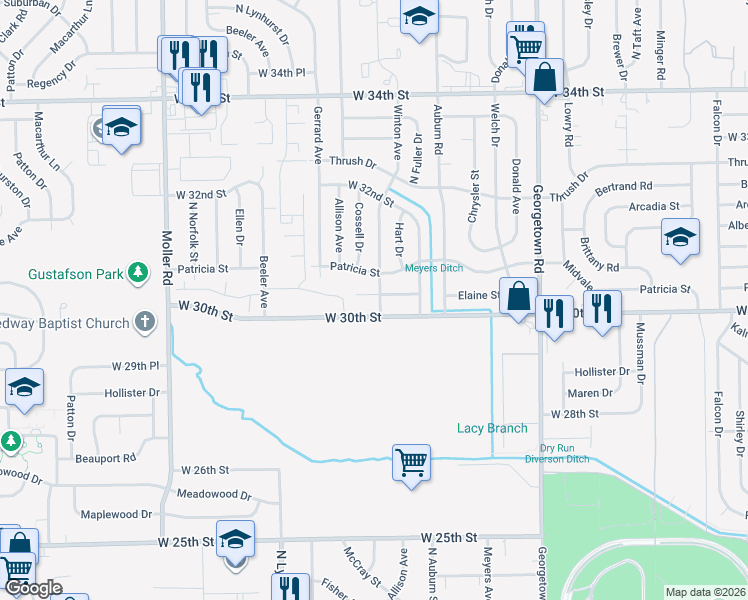 map of restaurants, bars, coffee shops, grocery stores, and more near 5101 Elaine Street in Indianapolis