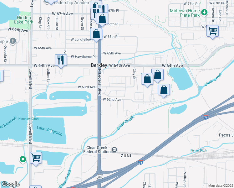 map of restaurants, bars, coffee shops, grocery stores, and more near 74 Decatur Place in Denver