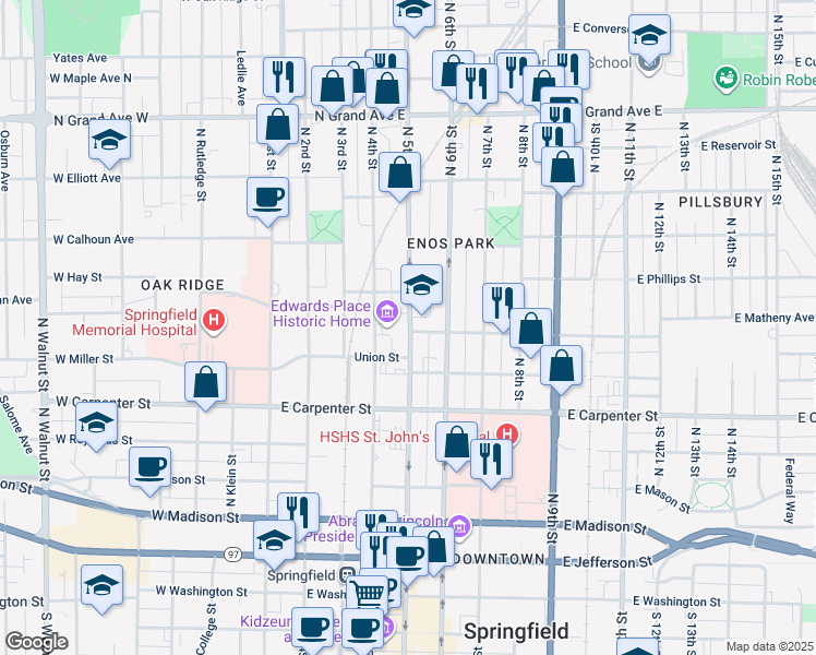 map of restaurants, bars, coffee shops, grocery stores, and more near 800 North 5th Street in Springfield