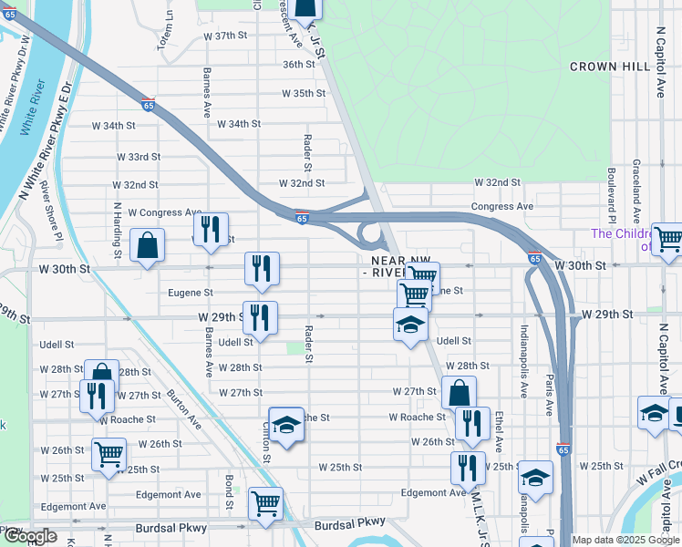 map of restaurants, bars, coffee shops, grocery stores, and more near 925 West 30th Street in Indianapolis
