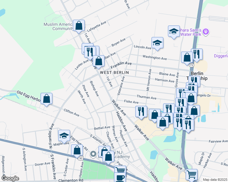 map of restaurants, bars, coffee shops, grocery stores, and more near 208 Grant Avenue in Berlin Township